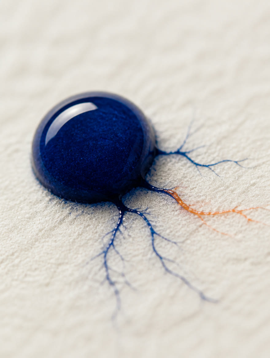 Makro: ein Tropfen Indigo-Tinte auf Papier, aus dem sich feine Adern verzweigen — eine davon orange